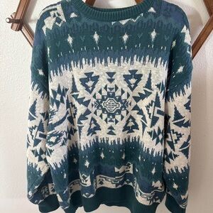 Claiborne Teal and White Geometric Crewneck Sweater